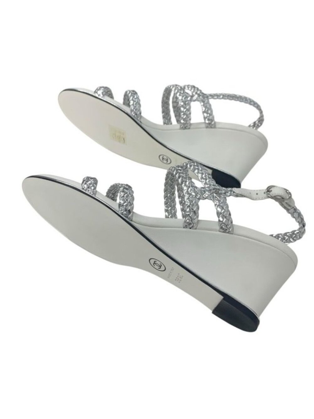 Chanel Sandals Shoes Leather Silver White Strap Braided Wedge Sole - Picture 6 of 9